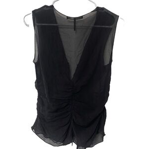 Sandra Angelozzi 100% silk sheer black top with ties and buttons in the front